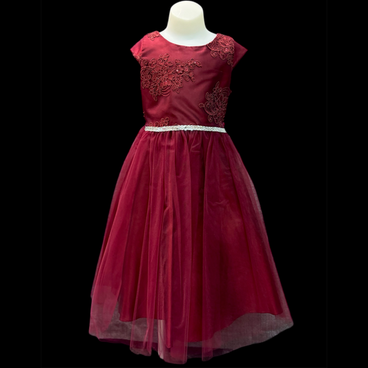 Cap Sleeve Floral Embroidered Burgundy Dress