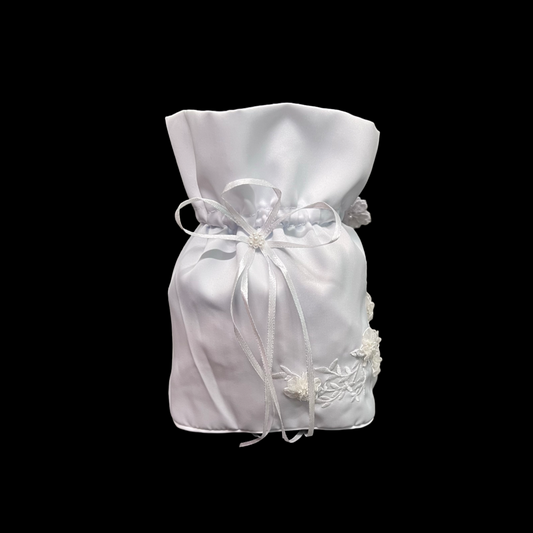 White Satin Ruffled Bag w/ Pearls and Flowers