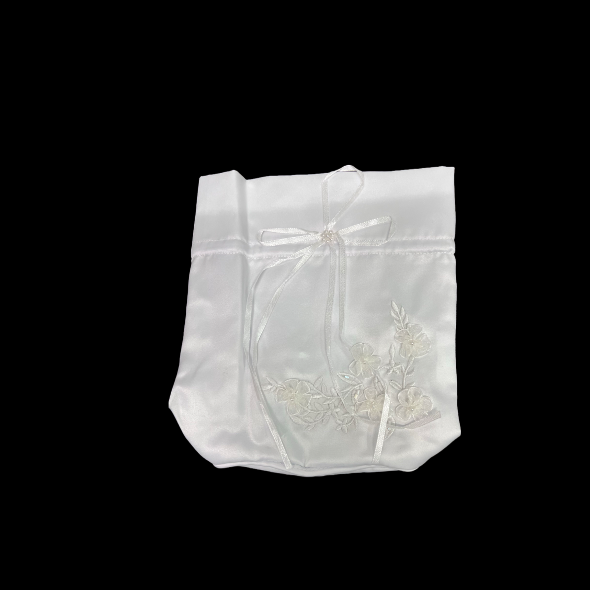 White Satin Ruffled Bag w/ Pearls and Flowers