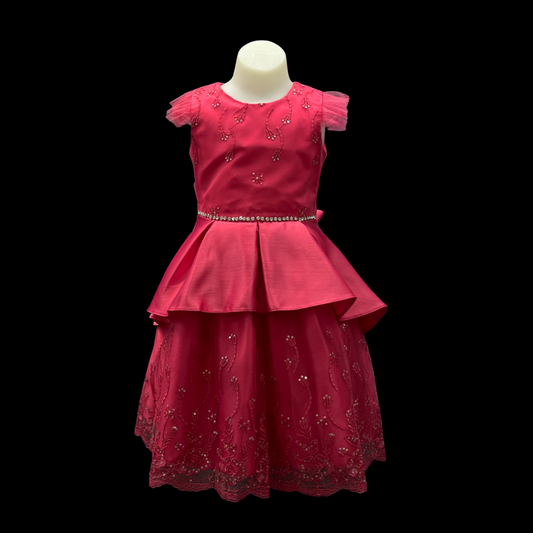 Fuchsia Satin Embroidered Dress W/ Sequin & Rhinestone Accents