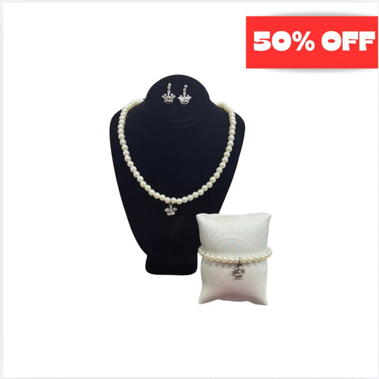Jolene Pearl Necklace, Earrings and Bracelet Set w/ Rhinestone Crown Pendant