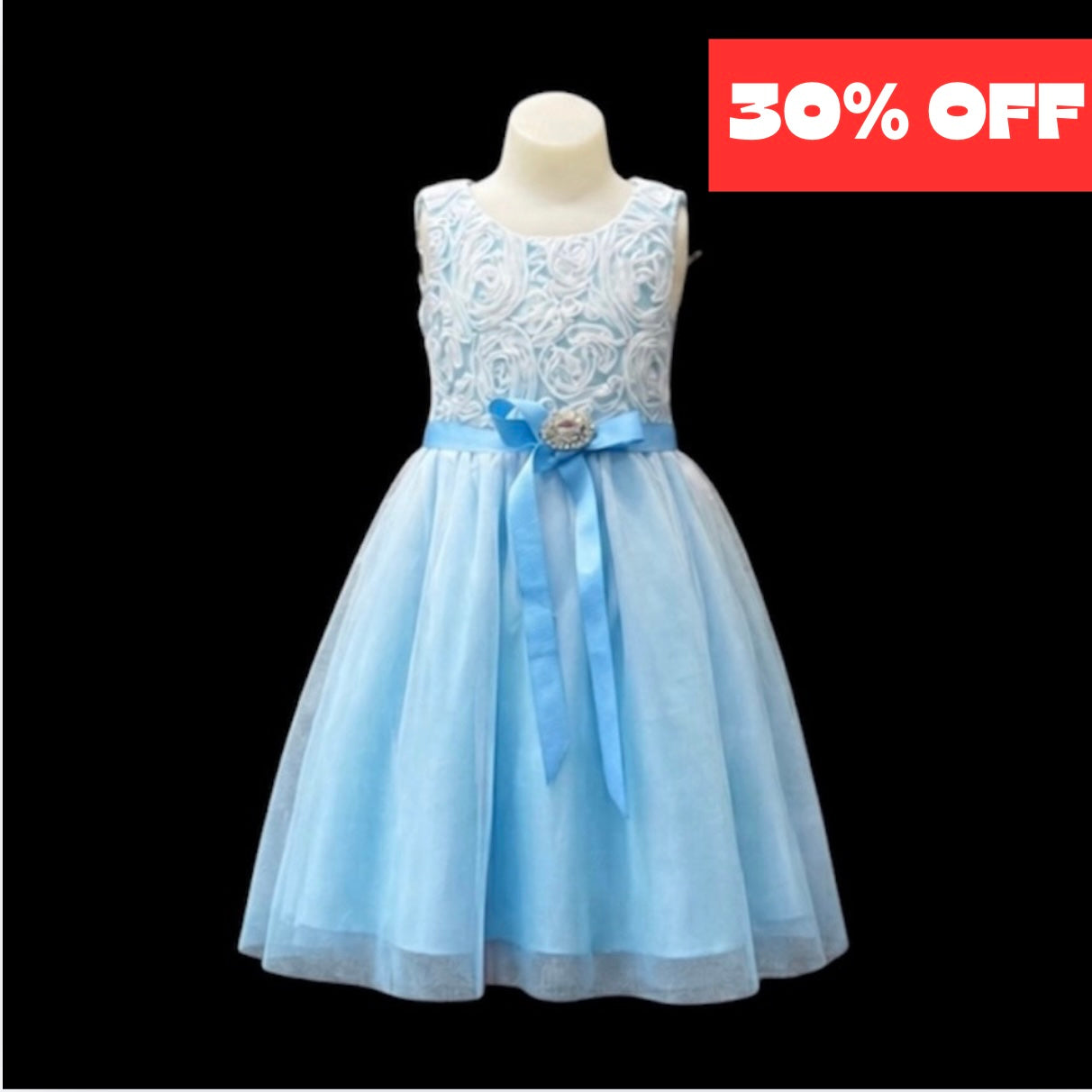Sky Blue Tea-Length Girls Dress with Rosette Lace Bodice & Tulle Skirt (Size 2)