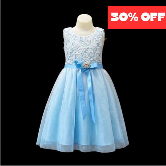 Sky Blue Tea-Length Girls Dress with Rosette Lace Bodice & Tulle Skirt (Size 2)