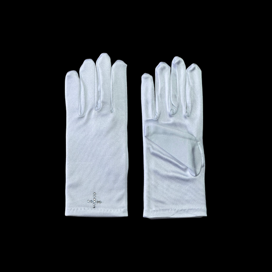 Satin White Gloves with Rhinestone Cross