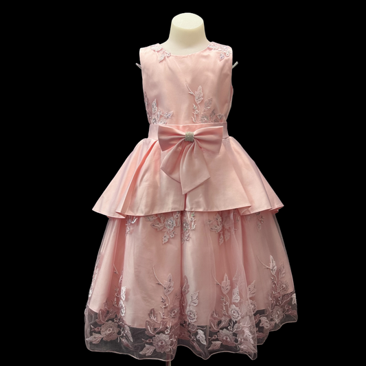 Satin Embroidered Dress W/ Satin Rhinestone Bow