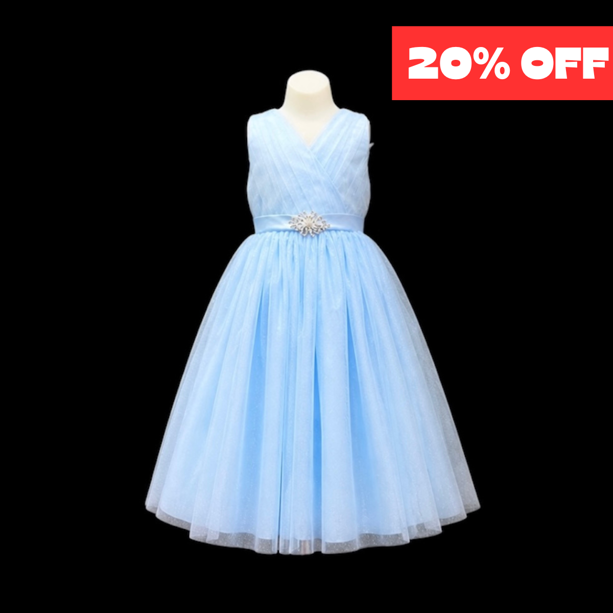 Sky Blue Glitter Tulle Tea-Length Dress with V-Neck Pleated Bodice & Rhinestone Waist Brooch