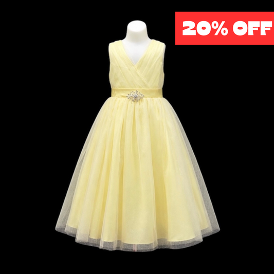 Yellow Glitter Tulle Tea-Length Dress with V-Neck Pleated Bodice & Rhinestone Waist Brooch (Size 10)
