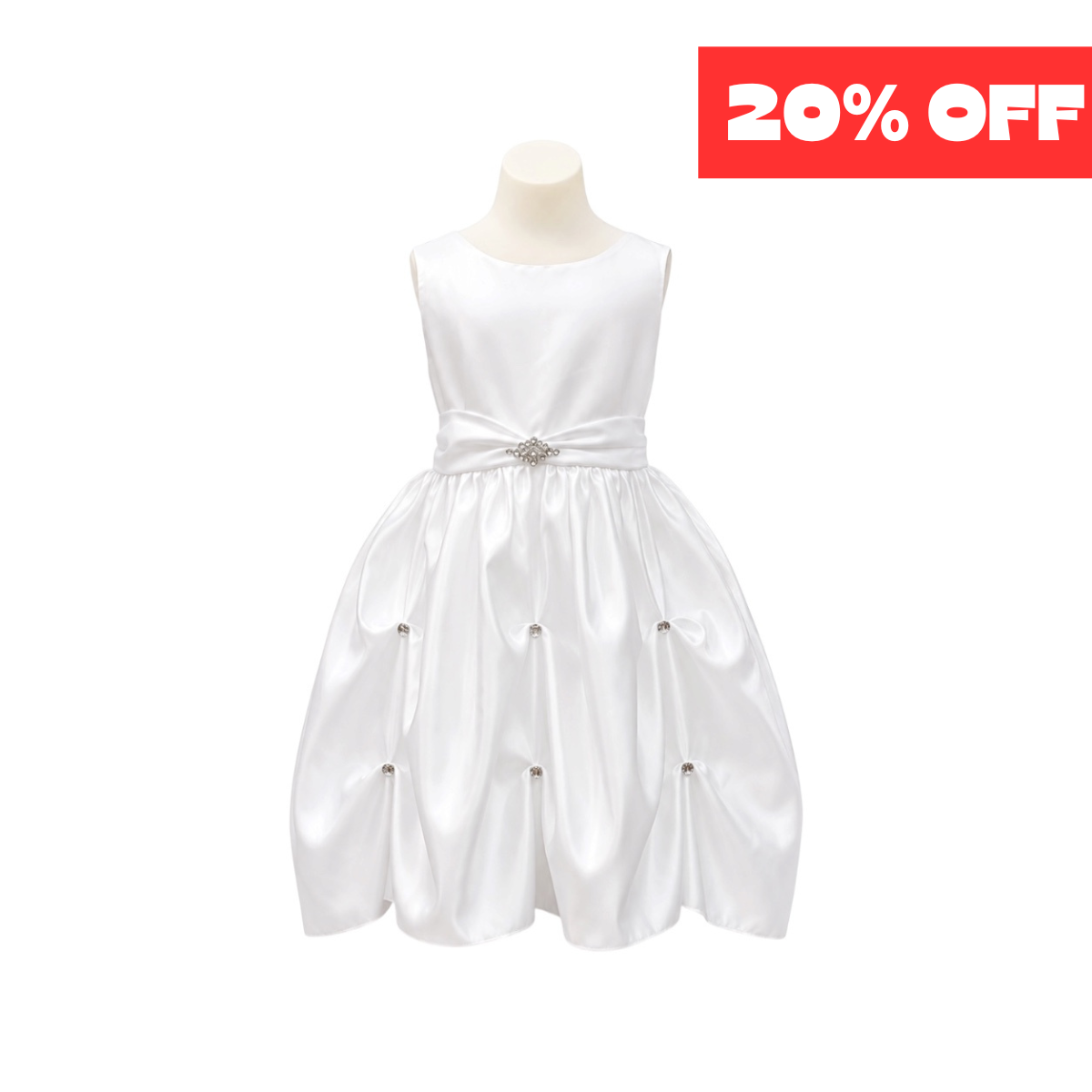 Fifth Avenue White Satin Sleeveless Girls' Formal Dress with Ruched Bubble Skirt & Rhinestone Accents