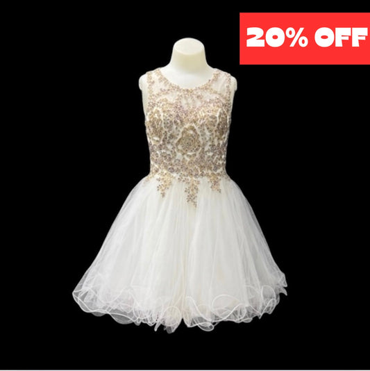 White & Gold Embroidered Jr. Grad Dress with Rhinestone Bodice and Tulle Skirt (Small)