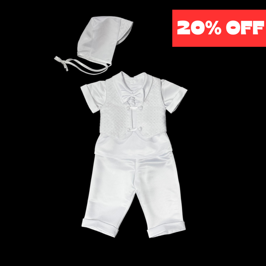Short Sleeve Diamond Pattern 3-Piece Baptism Suit w/ Hat