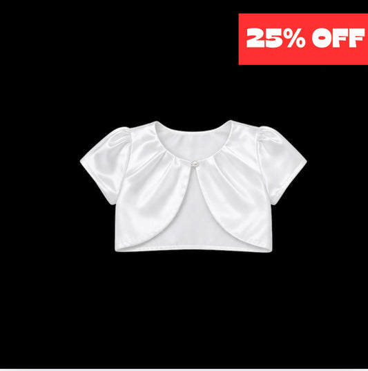 Sweet Kids Satin Short Sleeve White Bolero with Pearl Closure