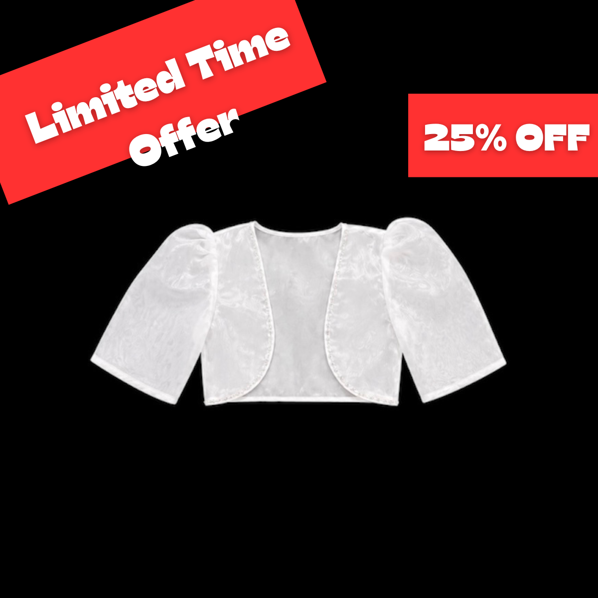 Quarter-Length Puff Sleeve Organza Bolero with Beaded Trim