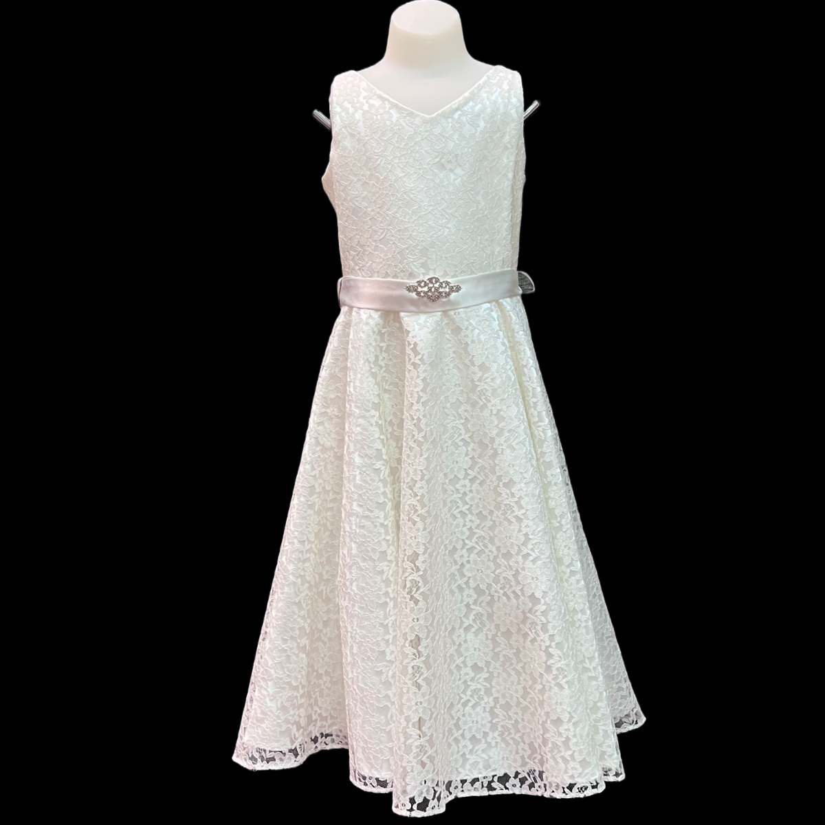 Pre-Teen Ivory Lace Dress w/ Rhinestone Brooch