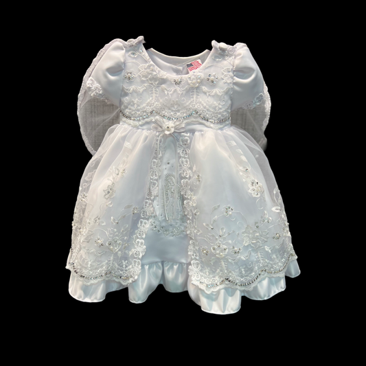 Cap Sleeve 'Hail Mary' Embroidered Baptism Gown w/ Organza Cape