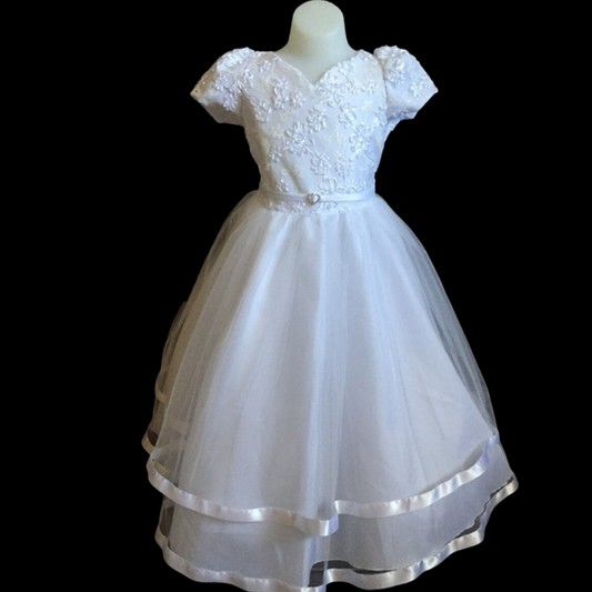 White Short Sleeve Dress w/ Floral Sequin Embroidery