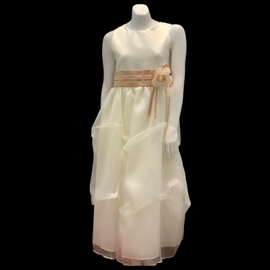 Ivory Satin Dress w/ Champagne Sash (Size 12)