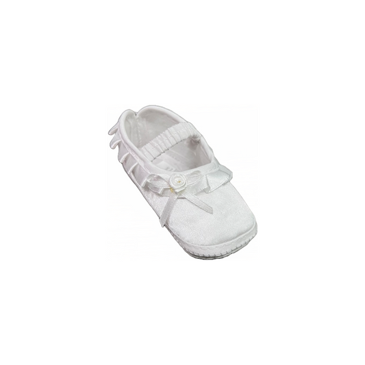 Infant White Satin Bootie w/ Ruffle and Rose