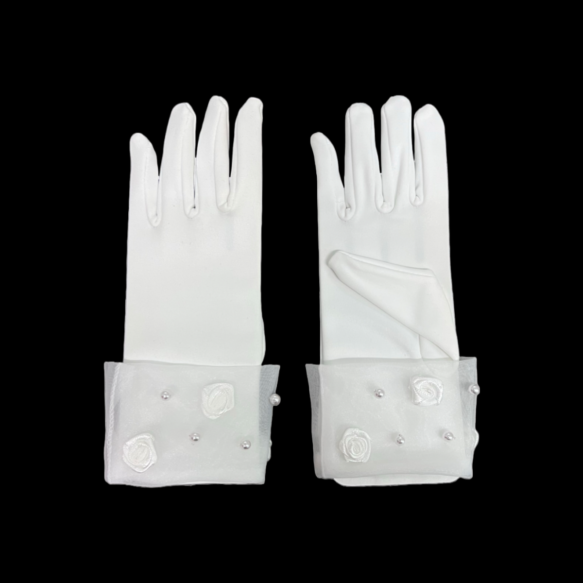 White Satin Gloves/ Rose and pearl Accents