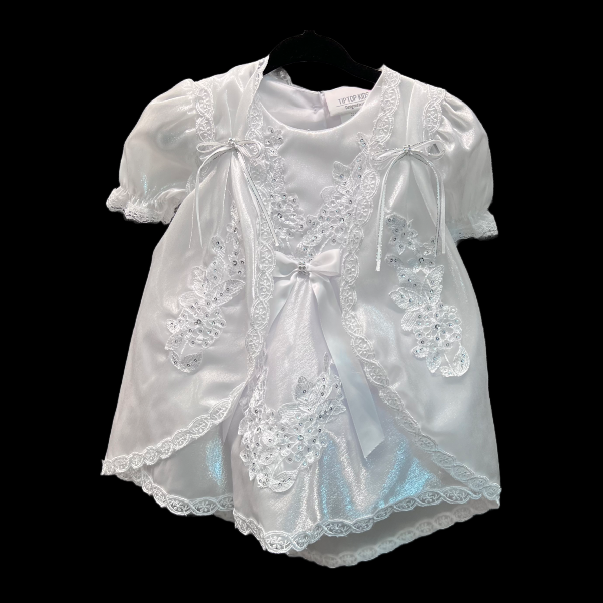 3 PC Embroidered White Satin Baptism Dress