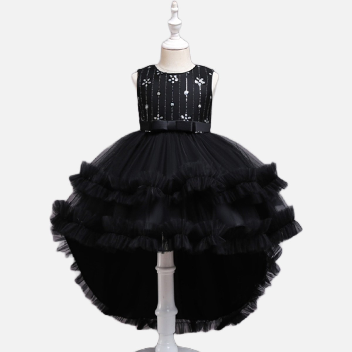 Black Tulle High Low Dress w/ Embroidered Sequin Flowers