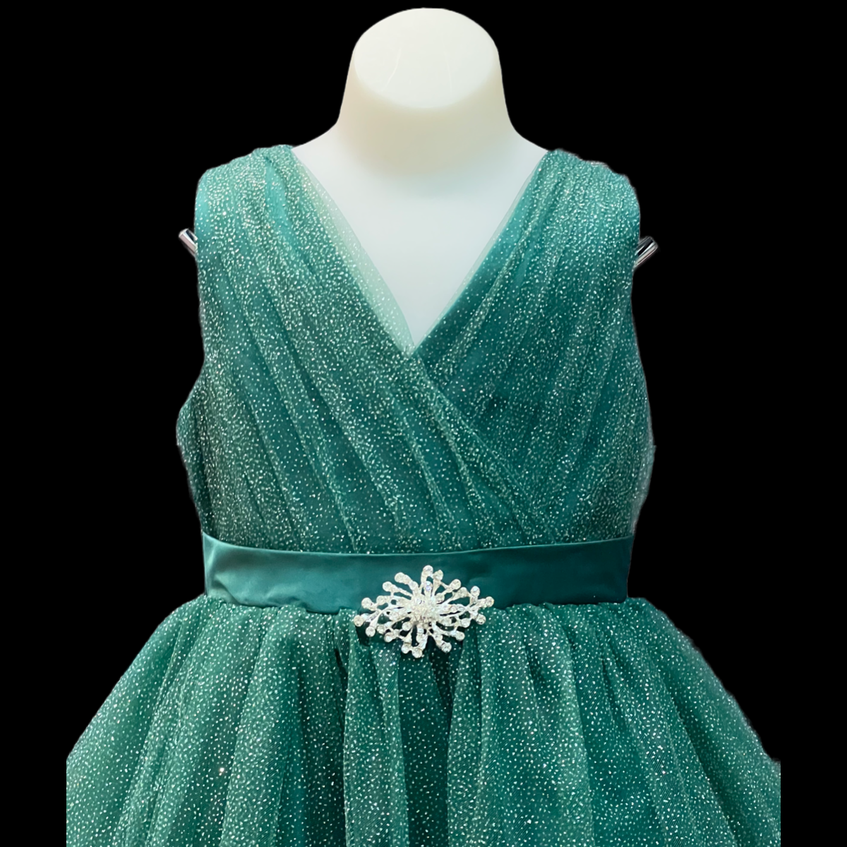Sleeveless Glitter V-Neck Tulle Dress w/ Rhinestone Brooch