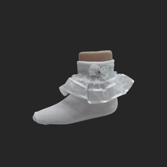 White Organza Ruffle Sock w/ Rhinestone