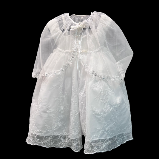 White Off-Shoulder Sleeve Princess Baptism Gown