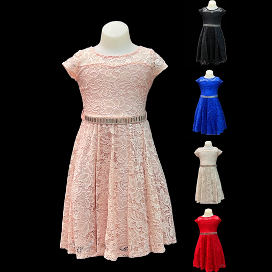 Short Sleeve Lace Dress w/ Diamond Belt