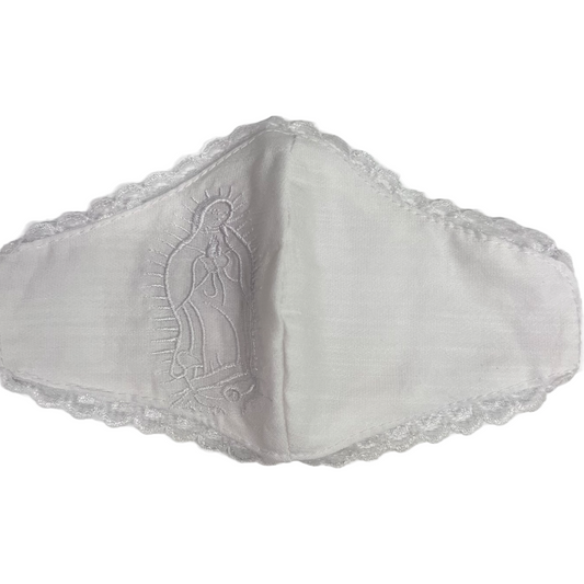 White Mask with Embroidered 'Hail Mary' and Lace