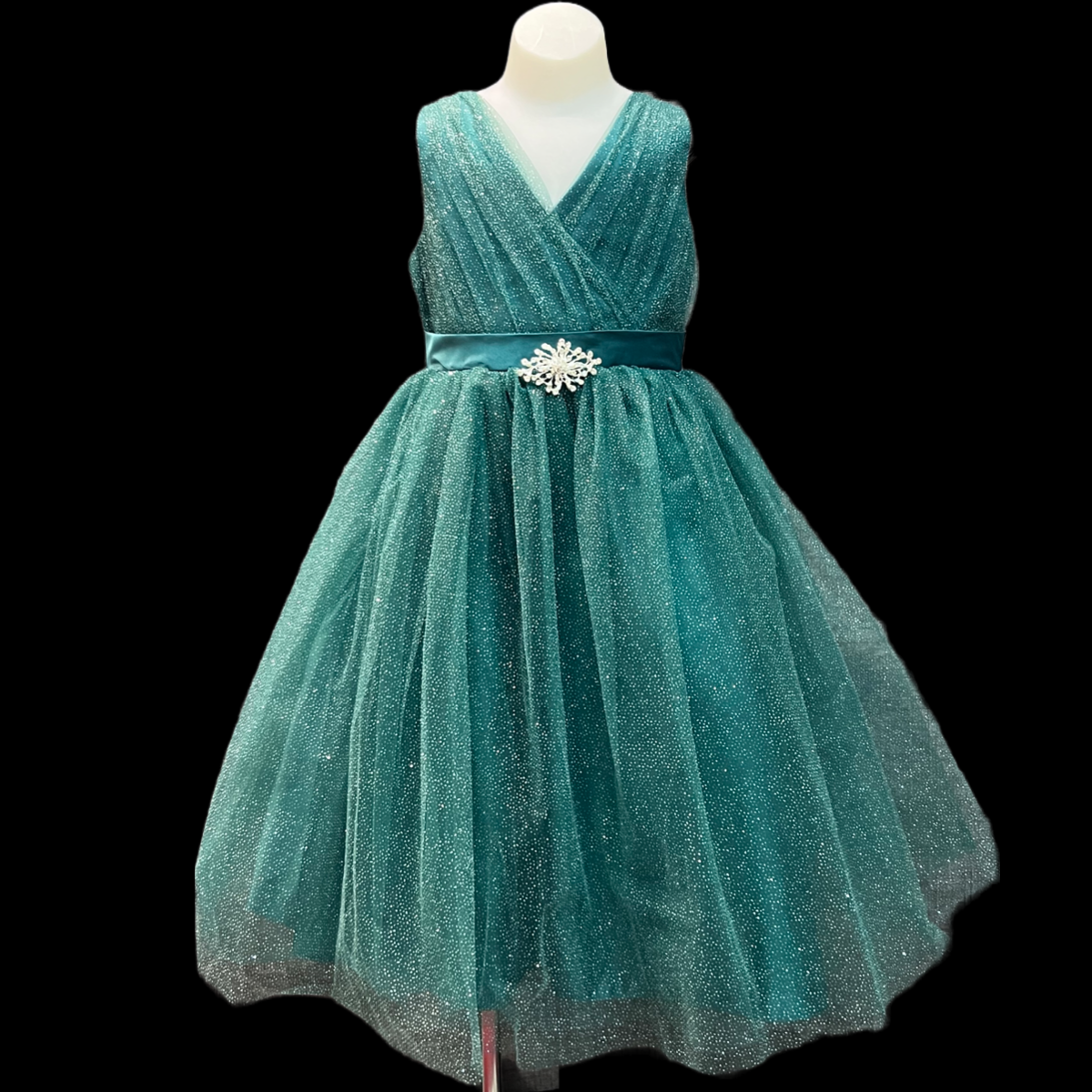 Sleeveless Glitter V-Neck Tulle Dress w/ Rhinestone Brooch