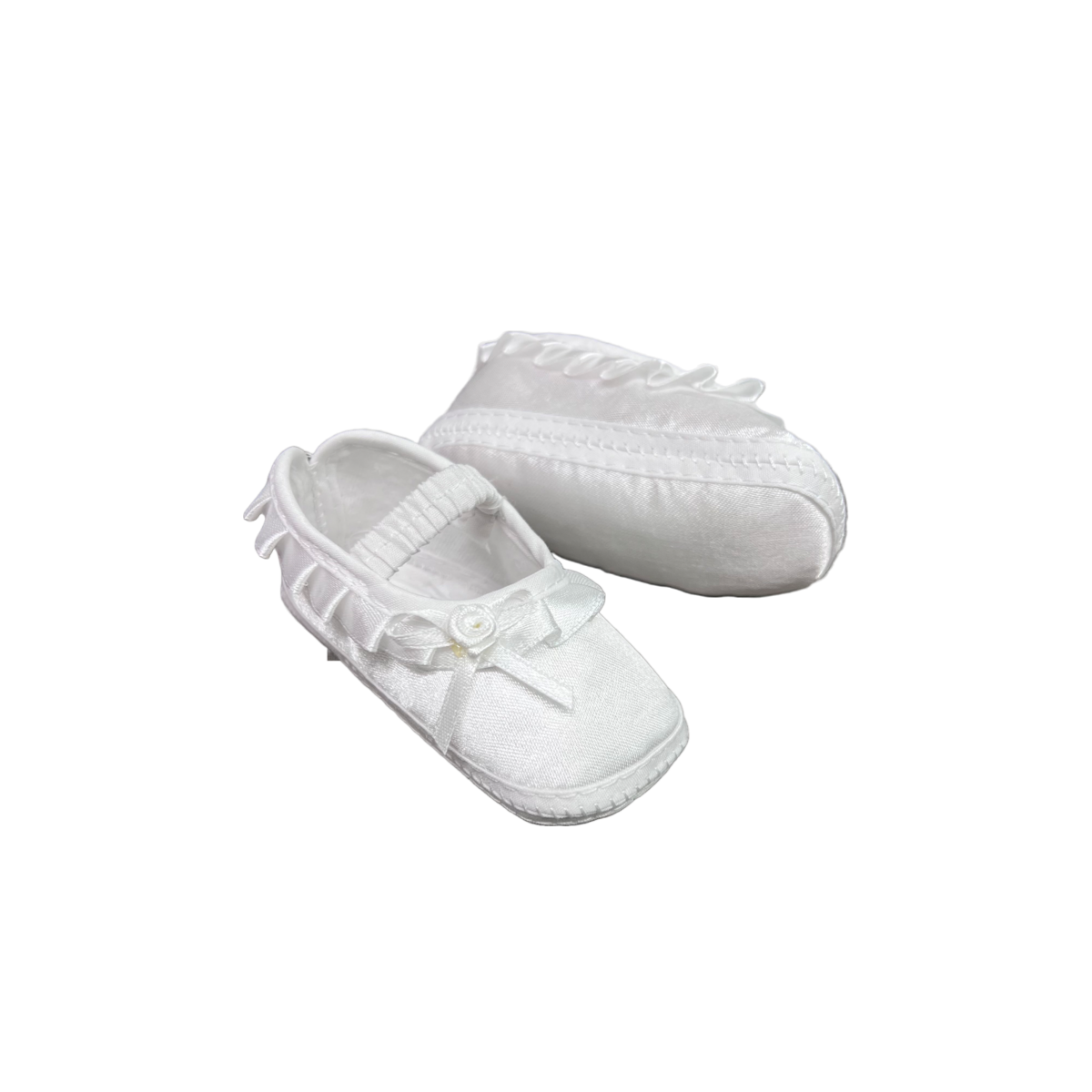 Infant White Satin Bootie w/ Ruffle and Rose