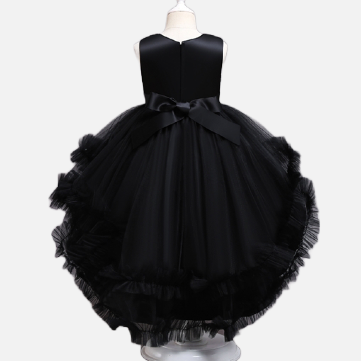 Black Tulle High Low Dress w/ Embroidered Sequin Flowers
