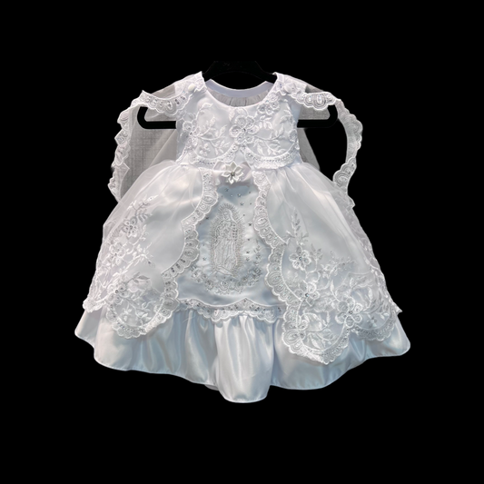 Sleeveless 'Hail Mary' Embroidered Baptism Gown w/ Organza Cape