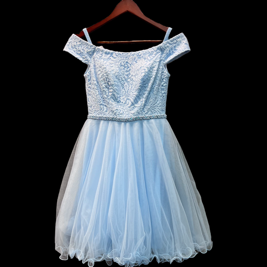 Jr. Grad Baby Blue Off the Shoulder Short Dress w/ Lace Bodice (XS)