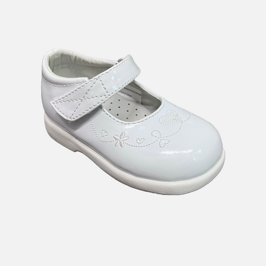 Tendertoes- White Patent Shoe with Heart and Floral Embroidered
