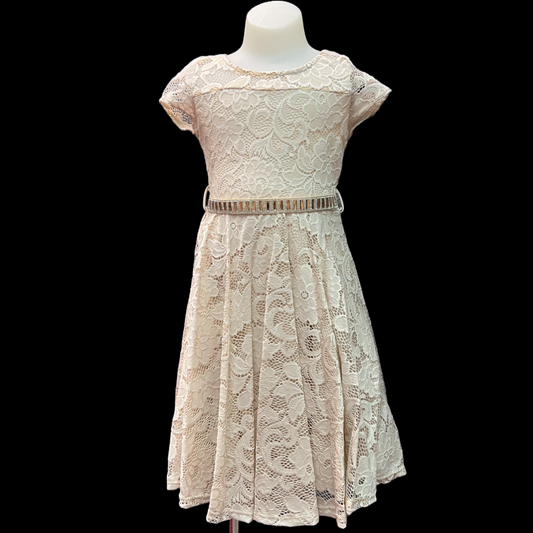 Short Sleeve Champagne Lace Dress w/ Diamond Belt