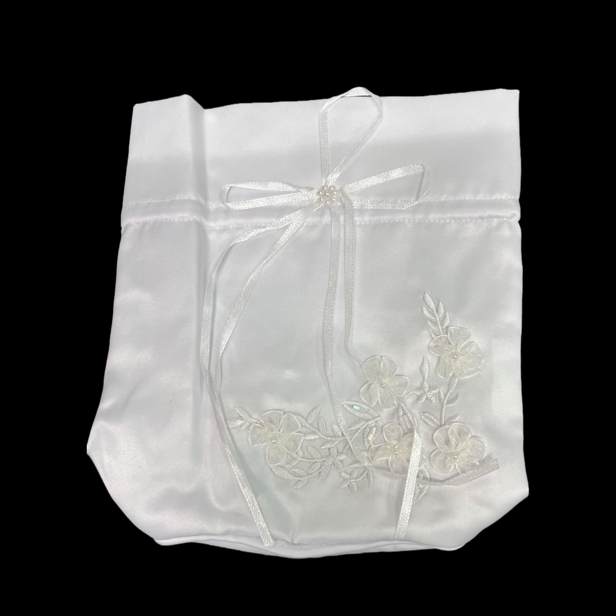 White Satin Ruffled Bag w/ Pearls and Flowers