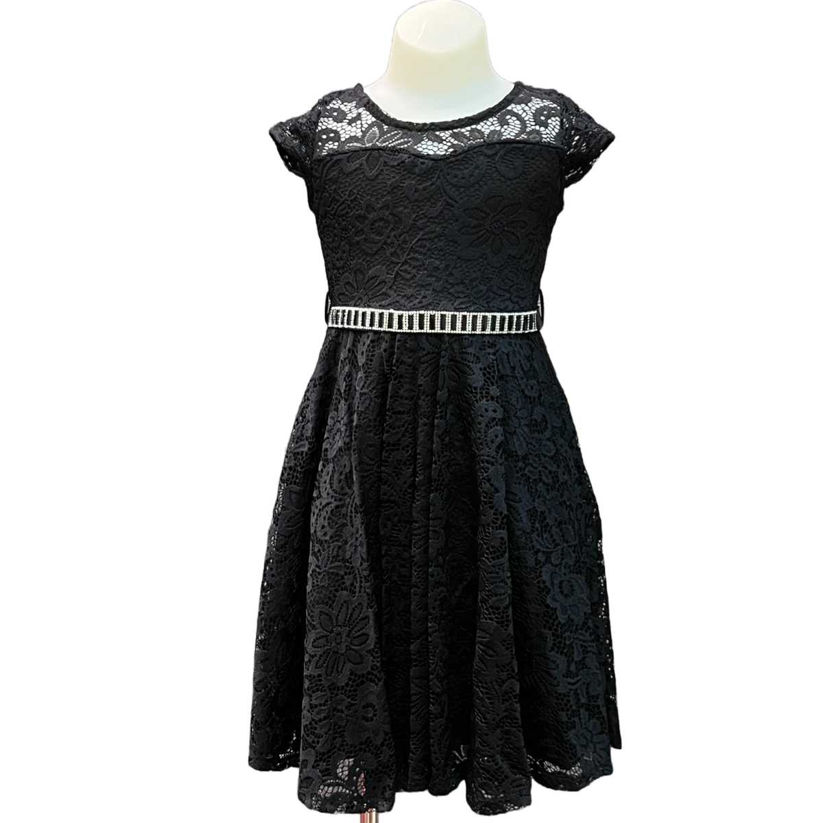Short Sleeve Lace Dress w/ Diamond Belt