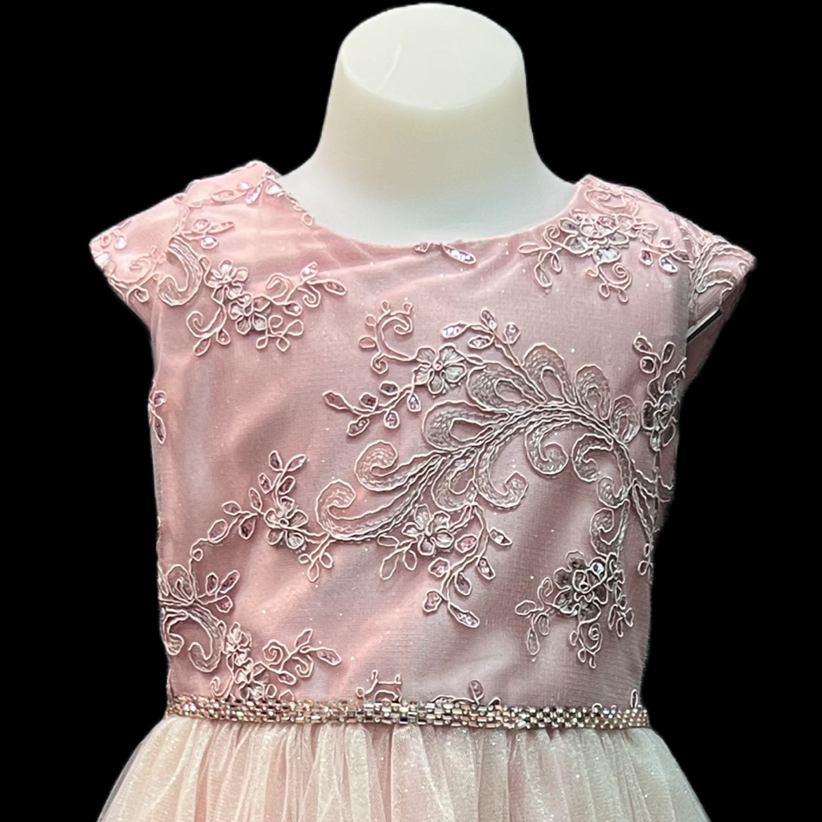 Cap Sleeve Floral Embroidered Mauve Dress w/ Sparkle Tulle Overlay