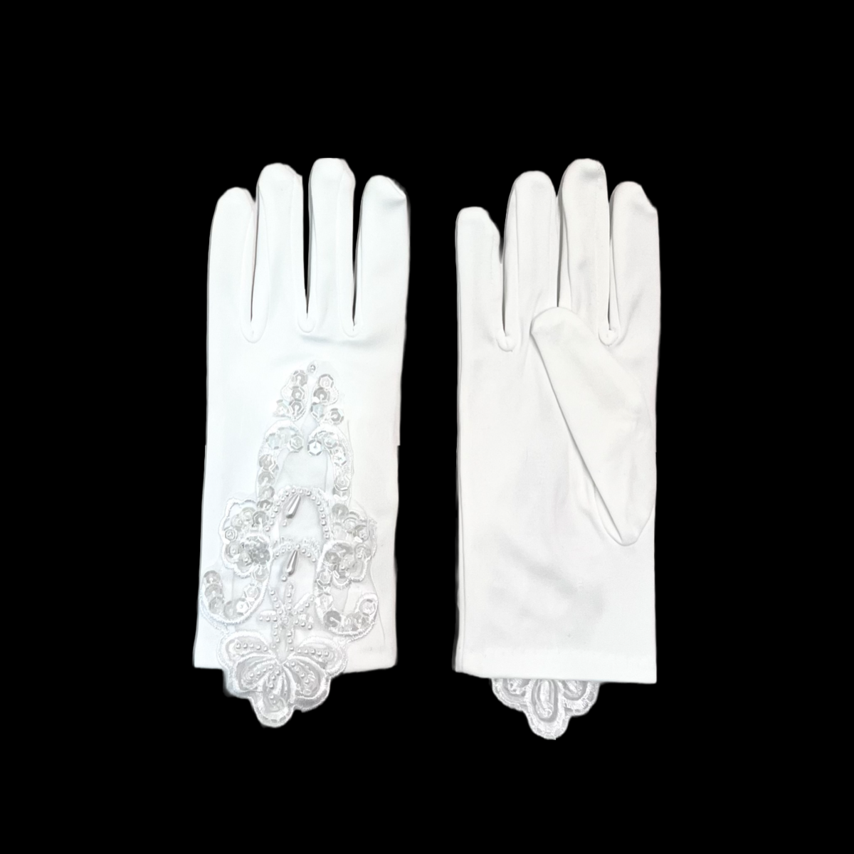White Satin beaded Gloves w/ Mesh accent