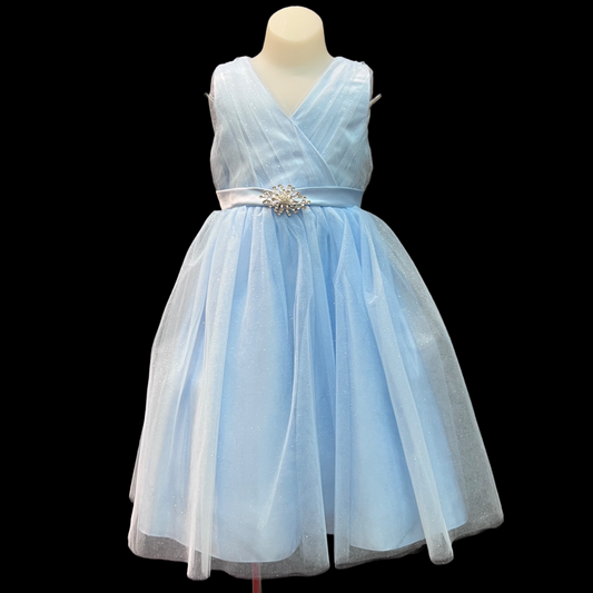 Sleeveless Glitter V-Neck Tulle Dress w/ Rhinestone Brooch