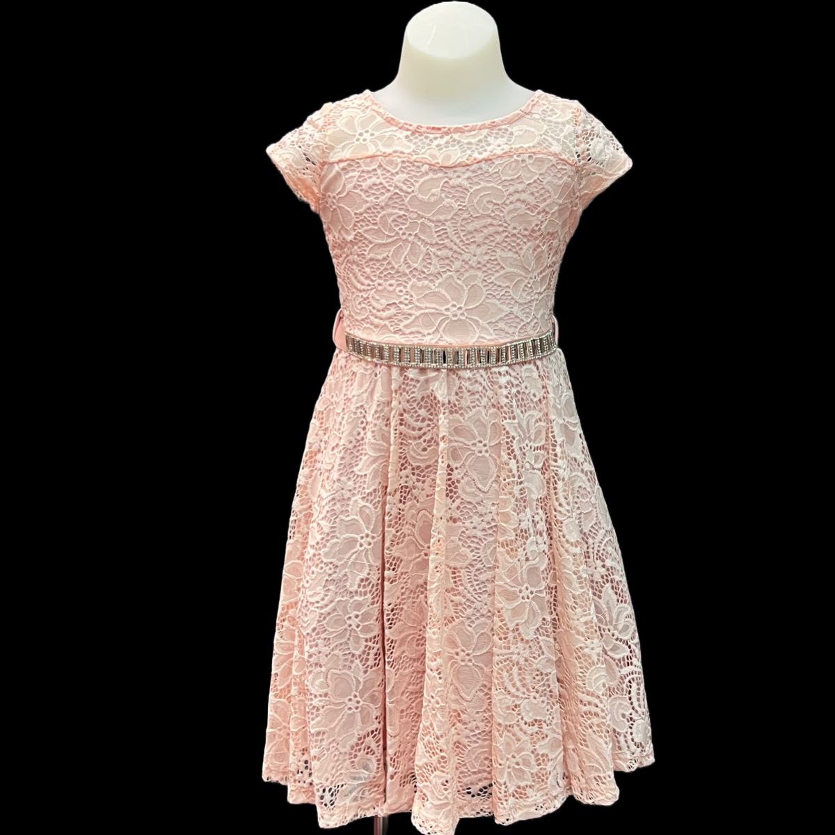 Short Sleeve Lace Dress w/ Diamond Belt