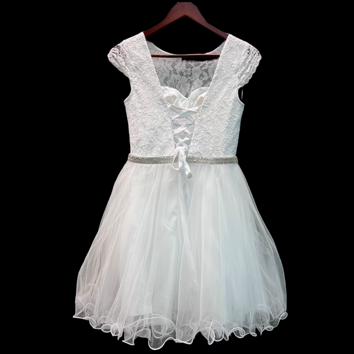 Jr. Grad Short Sleeve Lace Dress w/ Rhinestone Belt